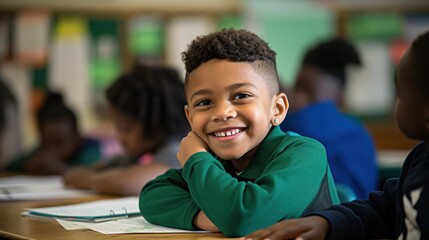 A young boy in a classroom setting smiles contentedly, capturing a moment of joy and learning, surrounded by classmates and a lively atmosphere.