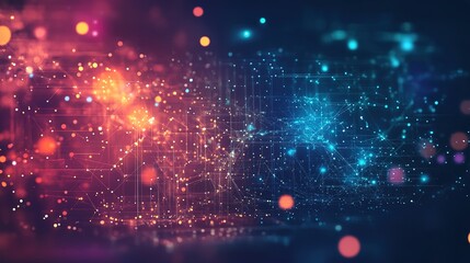 Obraz premium A vibrant abstract image featuring glowing particles and a network of lines, evoking a sense of digital technology and data visualization.