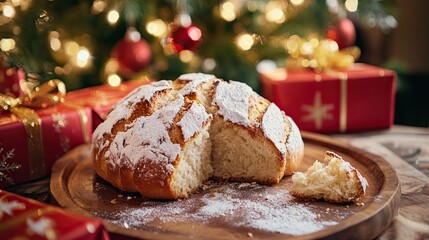 traditional Christmas bread, placed on a wooden tray. The bread is covered with powdered sugar, and a part of the bread has crumbled off, scattered to the side.