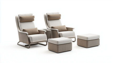 Modern gray outdoor lounge set with recliner chairs and ottoman isolated on white background