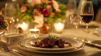 Naklejka premium Elegant dinner setting with delicious meal, fine wine, and beautiful flowers. A perfect ambiance for a special occasion.