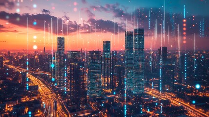 Fototapeta premium glowing futuristic city binary towers with high-speed 3d highway concept of big data artificial intelligence machine learning virtual reality hyper loop random seed aspect ratio 16:9