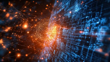 A vibrant digital tunnel of light and energy, showcasing a blend of blue and orange particles, representing data flow and technological advancement.