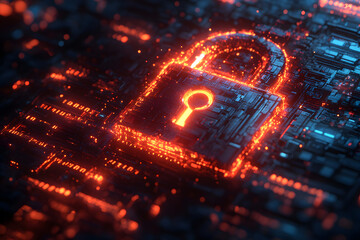 A glowing digital padlock surrounded by fiery sparks and intricate data patterns, symbolizing advanced cybersecurity, data encryption, and the protection of digital systems in a high-tech virtual envi