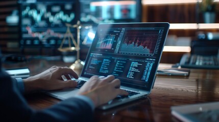 Close-up of hands typing on laptop displaying financial data charts and graphs in a dark office.