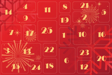 advent calendar in red tones with gold numbers