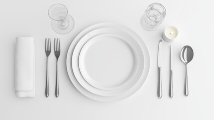 Elegant table setting with white plates and silver cutlery for a fine dining experience