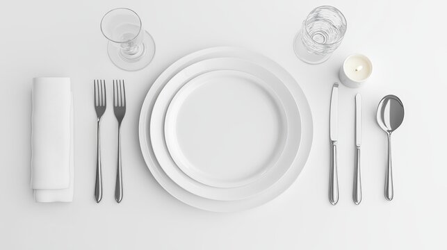 Elegant table setting with white plates and silver cutlery for a fine dining experience
