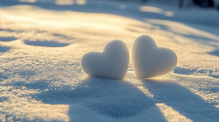 Fototapeta premium Two white hearts on the snow, with shadows cast by sunlight, romantic, beautiful, dreamy.