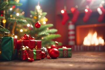 Christmas scene with decorated tree branch, presents gift boxes. Red and green colors