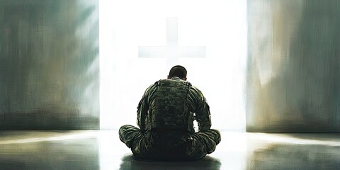 View from back, Art of an american soldier sitting on the floor in army uniform, he is praying, head down. Religious theme, cross shaped bright light.