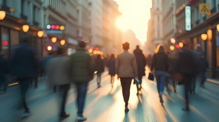 Obraz premium Beautiful motion blur of people walking in the morning rush hour, busy modern life concept crowd urban speed walk traffic crowded street movement action 