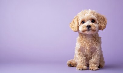 Obraz premium Cute maltipoo puppy dog on light purple background with copyspace