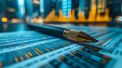 Gold pen resting on a detailed financial chart with colorful bar graphs