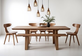 Stylish meeting room interior with table and chairs, side view, light concrete floor. Panoramic window on tropics. Mockup empty white wall. 3D rendering