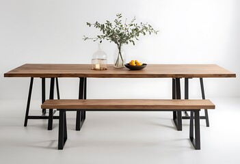 Stylish meeting room interior with table and chairs, side view, light concrete floor. Panoramic window on tropics. Mockup empty white wall. 3D rendering