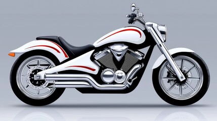 Obraz premium Sleek and Modern Custom Motorcycle in White with Chrome Accents and Red Stripes on a Neutral Background, Ideal for Automotive and Lifestyle Projects