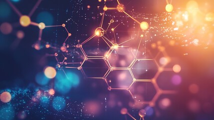 A vibrant abstract background featuring glowing hexagonal patterns and dynamic light effects, suggesting themes of science and technology.