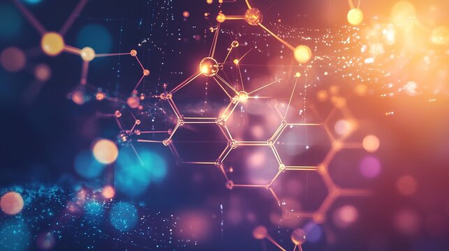 A vibrant abstract background featuring glowing hexagonal patterns and dynamic light effects, suggesting themes of science and technology.