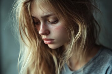 Fototapeta premium Split Ends. Young Girl Showing Damaged Hair with Copy Space in Background