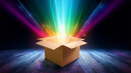 Ein offener Karton aus dem funkelnde Lichter strahlen als Symbol des Überraschungspakets