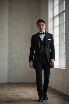 Stylish young man in tailcoat walking confidently in  room with natural light and copy space
