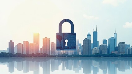 Naklejka premium Stylish minimalistic poster of abstract lock icon combined with a vibrant city skyline symbolizing urban security