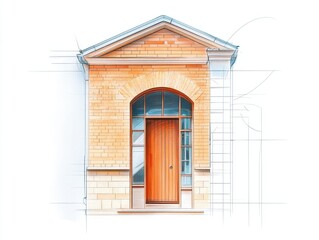 Charming Architectural Sketch of Brick House Entrance with Arched Window