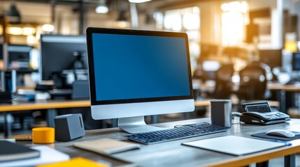 Naklejka premium Modern Office Workspace with Computer and Desk Accessories, Highlighting Business Technology.