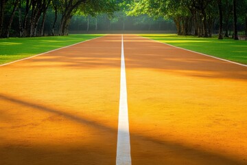 Obraz premium Sunlit Pathway in a Vibrant Green Park with Tall Trees and Shadows