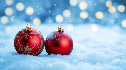 red christmas balls on snow