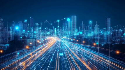 glowing futuristic 3d highway binary towers digital city concept big data artificial intelligence machine learning virtual reality hyper loop random seed aspect ratio 16:9