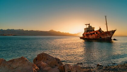 Obraz premium Shipwreck at shoaiba beach Jeddah, Saudi Arabia