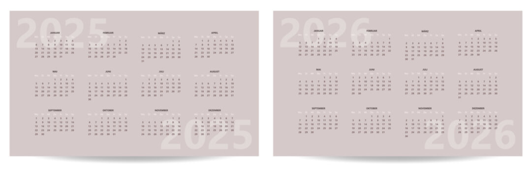 2025 2026 horizontal calendar design template, simple and clean design. Calendar in German. The week starts on Monday.