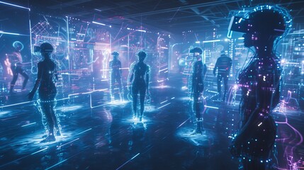 A vibrant virtual world populated by glowing humanoid avatars in an immersive digital space. The holographic light patterns create a futuristic, surreal ambiance. AI generated.