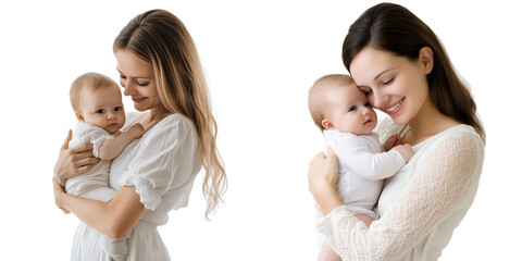 A woman holding her baby in the arms, isolated on a transparent background.
