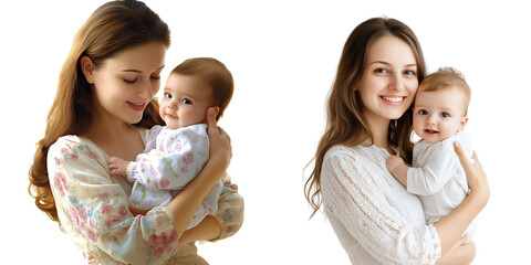 A woman holding her baby in the arms, isolated on a transparent background.