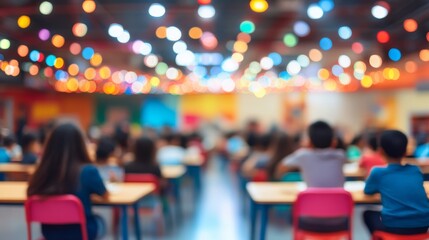 Blurry Background Students Sitting at Desks In Classroom With Colorful Blurred String Lights above.