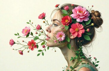 Abstract portrait of a young woman with flowers in her hair, on her face