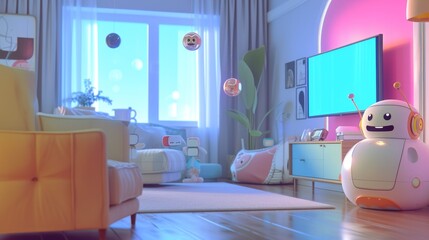 Fototapeta premium A 3D illustration depicting a cozy living room with a friendly robot assistant, showcasing a blend of modern comfort and futuristic technology. AI generated.
