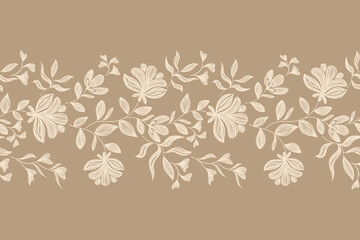 Vintage Floral patterns seamless background border embroidery ethnic batik retro. Flower motifs paisley batik. Brown silhouette  watercolour flowers ikat design hand drawn. Vector illustration. 