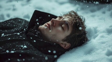 The guy is sad, lying in the snow, the snow is falling