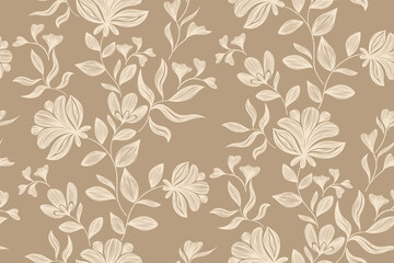 Vintage Floral patterns seamless background border embroidery ethnic batik retro. Flower motifs paisley batik. Brown silhouette  watercolour flowers ikat design hand drawn. Vector illustration. 