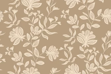 Vintage Floral patterns seamless background border embroidery ethnic batik retro. Flower motifs paisley batik. Brown silhouette  watercolour flowers ikat design hand drawn. Vector illustration. 