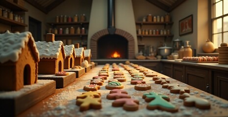 A rustic bakery filled with freshly baked gingerbread houses and holiday cookies. The warm glow of a fireplace enhances the festive and cozy ambiance.