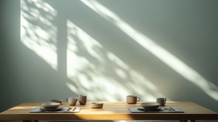 Obraz premium A minimalist zen breakfast nook with a simple wooden table set for two