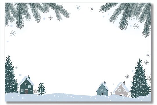 Winter-themed blank letterhead, a simple design with pine trees and snowflakes bordering the page, cute small houses in the background, and white space for writing text on the bottom Generative AI