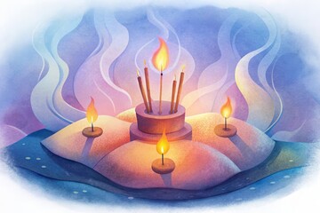 Fototapeta premium Watercolor illustration of incense sticks, candles, and stones on a tray, emitting a soft, calming glow, evoking a peaceful and meditative atmosphere