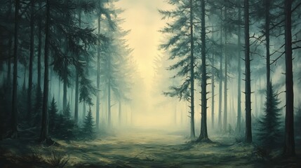 Obraz premium A misty forest landscape capturing early morning tranquility, with dense fog among trees and soft sunlight streaming through.