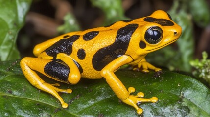 Fototapeta premium Vibrant Yellow-Banded Poison Dart Frog Perched on a Lush Green Leaf, Rainforest Wildlife